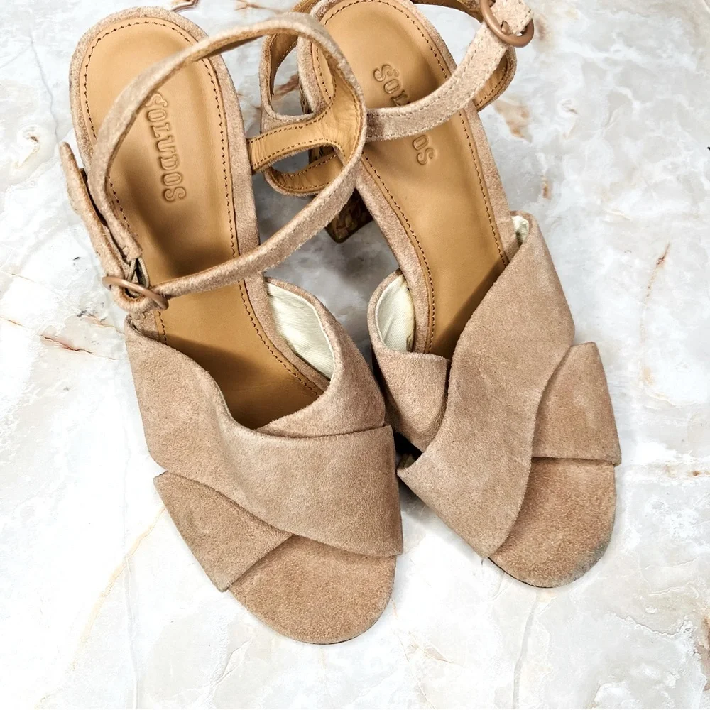 SOLUDOS Olivia Leather Suede Strappy Sandals Raffia Heel in Brown Desert 7